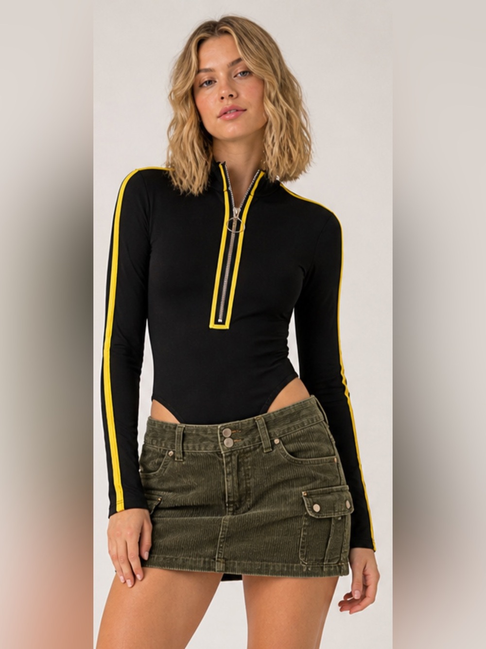 NWT Forever 21 Mesh Black and Yellow Front Zipper Bodysuit